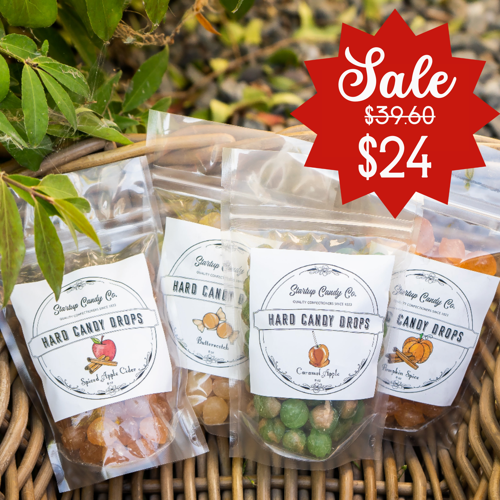 Fall Favorites - Old Fashioned Hard Candy Drops - 4 Flavor Variety Pack - Spiced Apple Cider, Caramel Apple, Pumpkin Spice, & Butterscotch