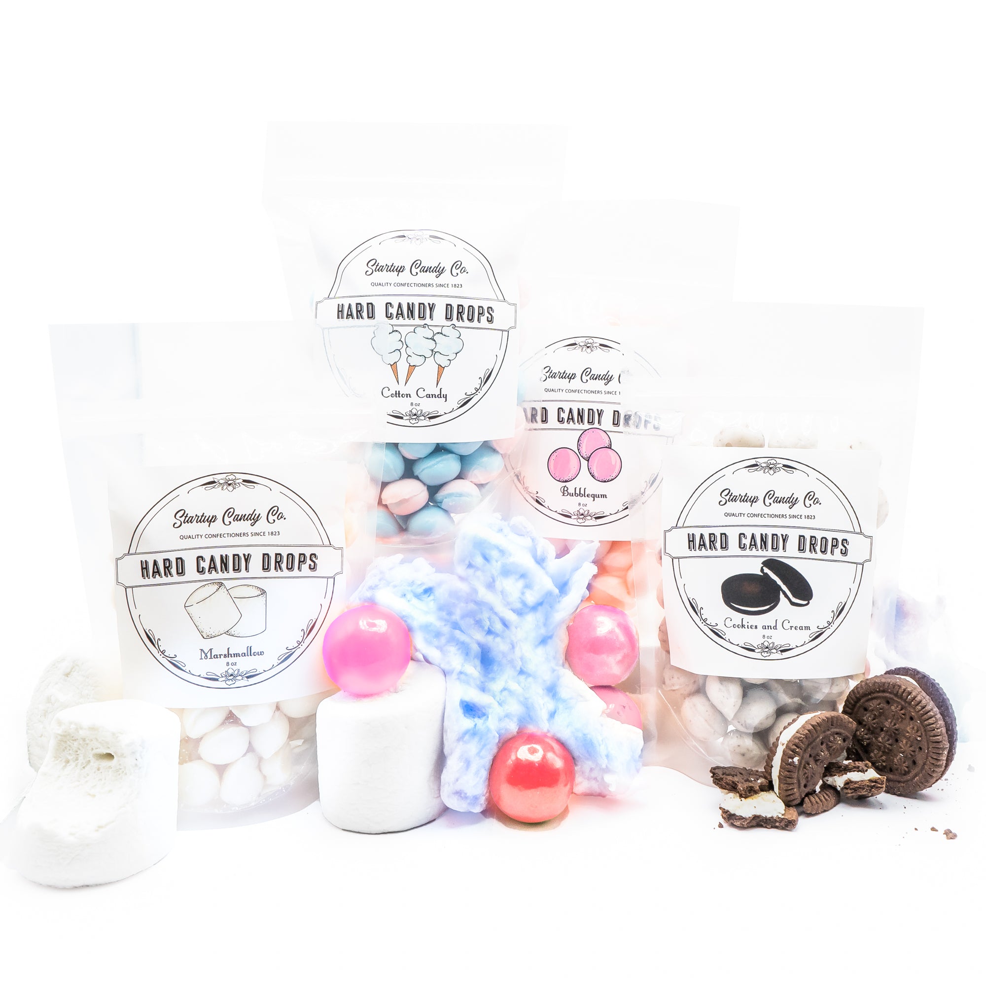 Sugar Rush - Old Fashioned Hard Candy Drops - 4 Flavor Variety Pack-Bubblegum, Cotton Candy, Marshmallow, and Cookies & Cream